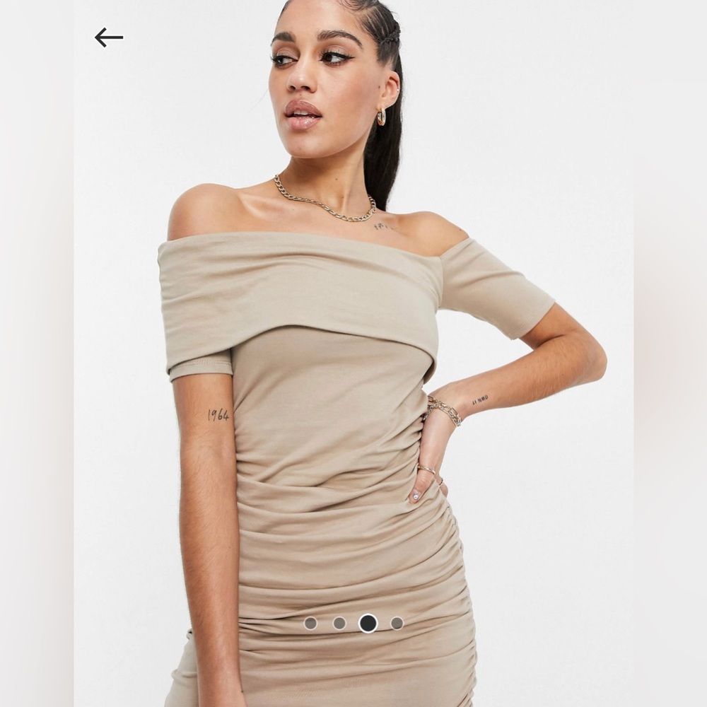 ASYOU off-the-shoulder ruched mini dress in taupe